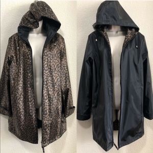 Reversible Leopard Black Hooded Thick Raincoat M